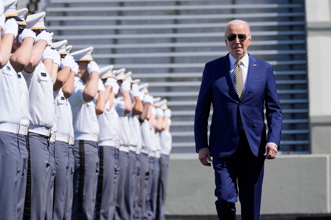 Biden walks to speak to graduating cadets at the US Military Academy commencement ceremony on Saturday, May 25, in West Point, New York.