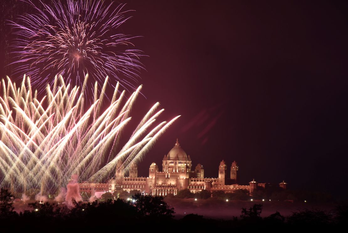 Fireworks explode in the sky over Umaid Bhawan Palace, the venue for the wedding of actress Priyanka Chopra and singer Nick Jonas, in Jodhpur in the desert state of Rajasthan, India, December 1, 2018.