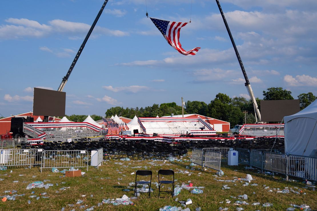 A campaign rally site for Republican presidential candidate former President Donald Trump is empty and littered with debris on July 13, 2024, in Butler, Pennsylvania.