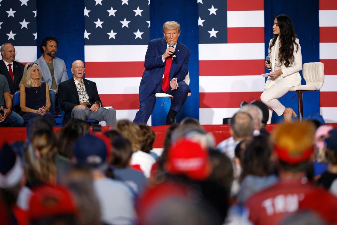 Former President Donald Trump speaks at a town hall as he campaigns in Fayetteville, North Carolina, on October 4, 2024.