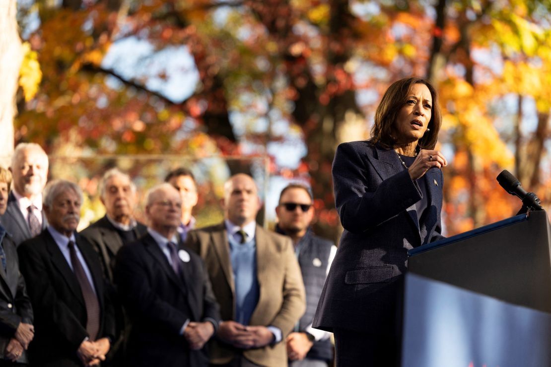 Vice President Kamala Harris speaks at a campaign event at Washington Crossing Historic Park with supportive Republicans in Washington Crossing, Pennsylvania, October 16, 2024.